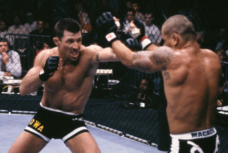 KENNER, LA - JANUARY 8: (L-R) Pat Miletich punches Jorge Patino during their bout at UFC 18 on January 8, 1999 in Kenner, Louisiana. (Photo by Zuffa LLC/Zuffa LLC via Getty Images)