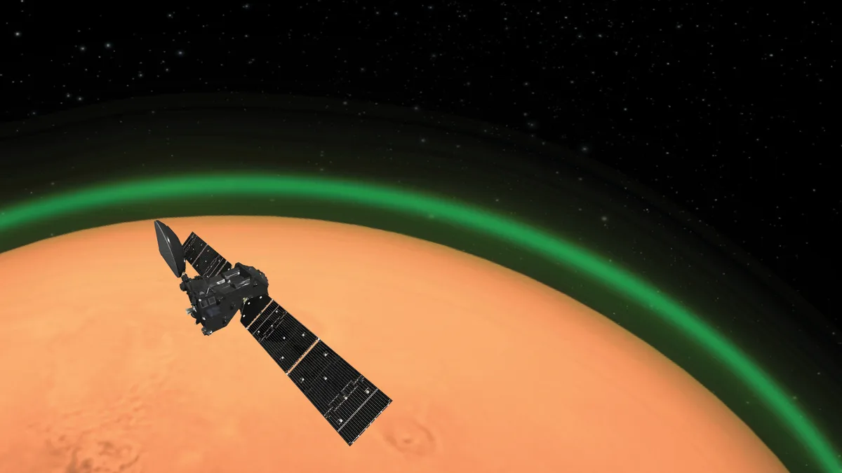 Today, Mars only has a very tenuous atmosphere, though ESA's ExoMars Trace Gas Orbiter was able to detect a faint green air glow. Credit: ESA