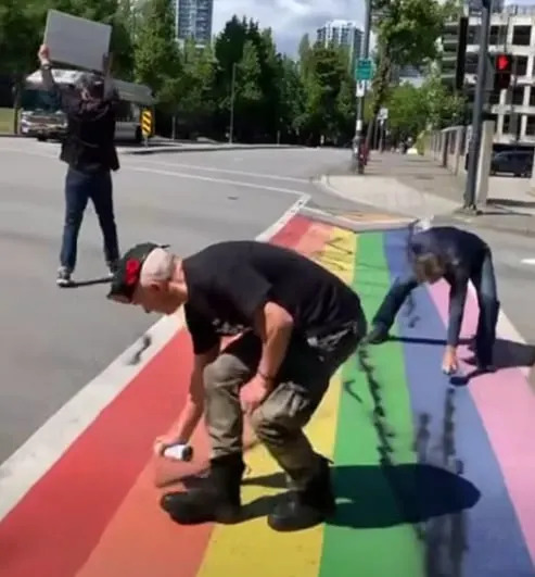 A rainbow crosswalk in Surrey was vandalized on Saturday, May 30, 2026. One of the men involved posted a video of the incident on Facebook.