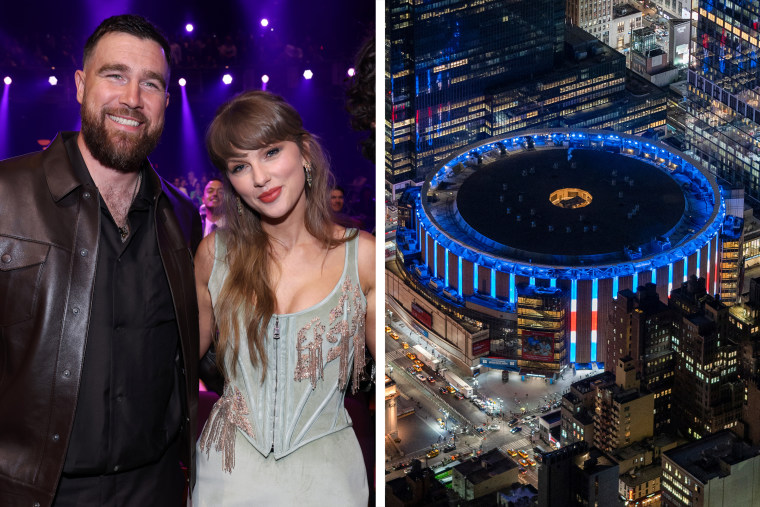 Left: Travis Kelce and Taylor Swift attend the 2026 iHeartRadio Music Awards at Dolby Theatre on March 26, 2026 in Los Angeles, California. Right: 1: A night view of Madison Square Garden from above on March 21, 2023.