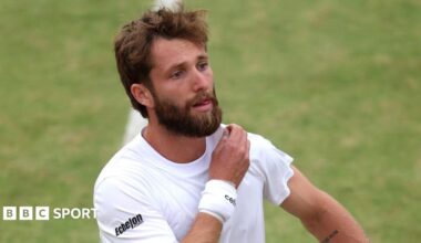 Corentin Moutet reacts to a missed point during his Queen's first-round match