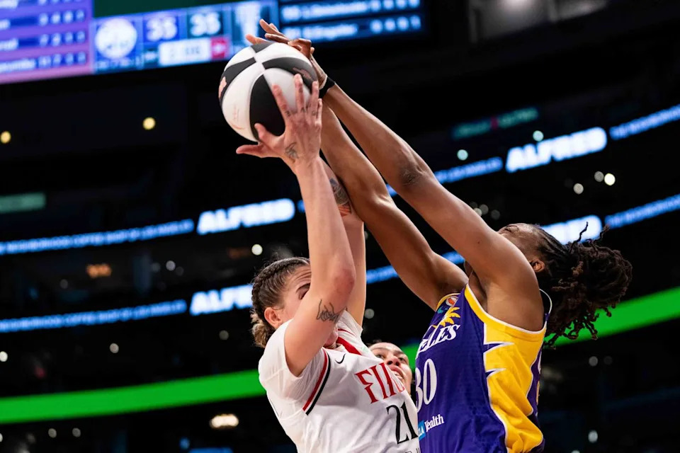 LA Sparks forward Nneka Ogwumike (30) fights for the rebound at a WNBA basketball game against the Portland Fire, Sunday June 7th, 2026 in Los Angeles, California.