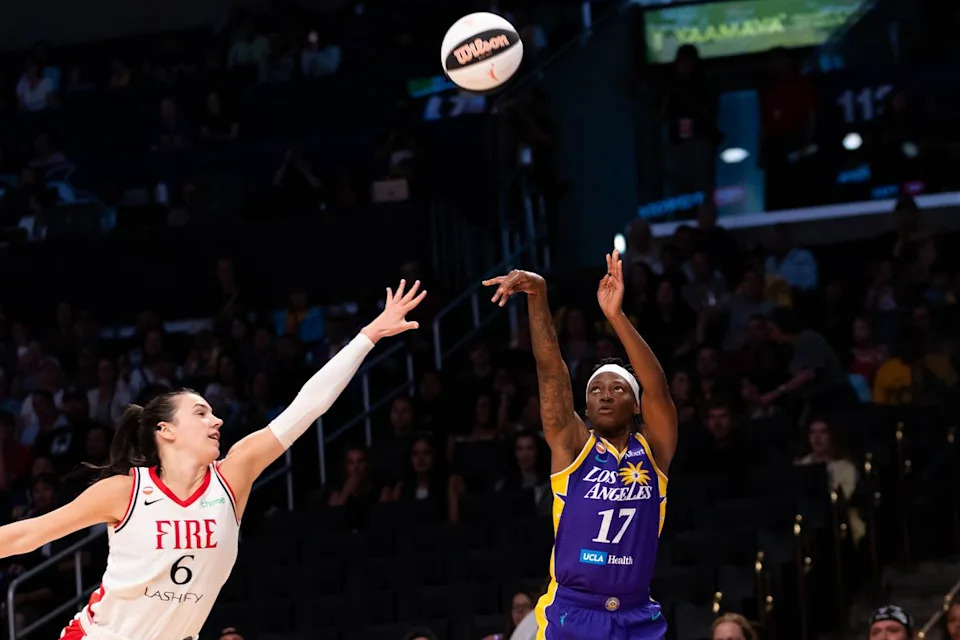 LA Sparks guard Erica Wheeler (17) shoots a three-pointer at a WNBA basketball game against the Portland Fire, Sunday June 7th, 2026 in Los Angeles, California. 