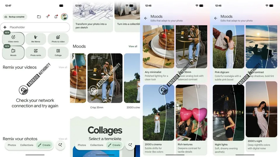 Screenshots showing the upcoming Google Photos Moods interface, featuring a new menu button and various AI styling filters applied to sample images.
