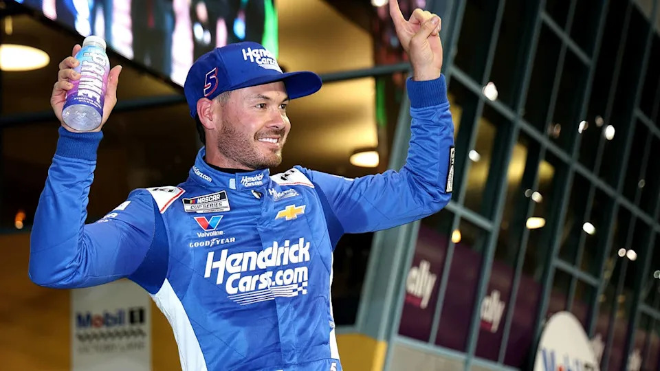 HOMESTEAD, FLORIDA - MARCH 21: Kyle Larson, driver of the #07 HendrickCars.com Chevrolet, celebrates in victory lane after winning the NASCAR Craftsman Truck Series Baptist Health 200 at Homestead-Miami Speedway on March 21, 2025 in Homestead, Florida. (Photo by Chris Graythen/Getty Images)Chris Graythen&sol;Getty Images