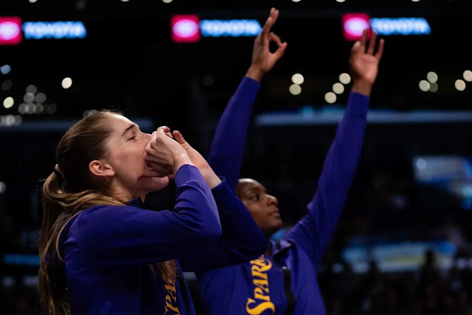 LA Sparks bench celebrating a made three pointer at a WNBA basketball game against the Portland Fire, Sunday June 7th, 2026 in Los Angeles, California.