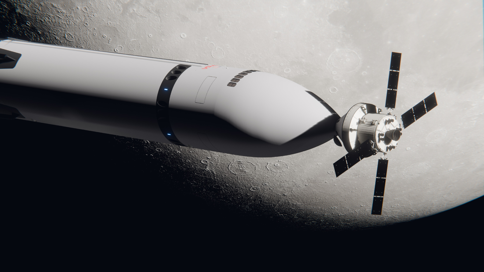 A NASA Orion spacecraft docked to a giant Starship moon lander artist concept