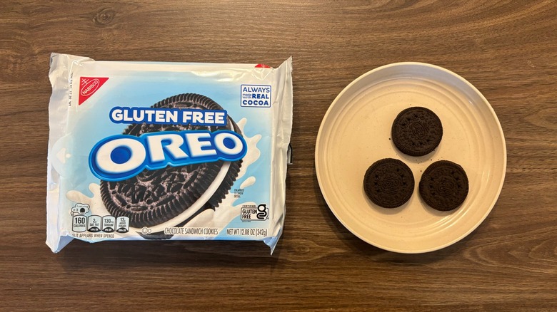 Gluten Free Oreo cookies box and gluten free cookies on brown plate