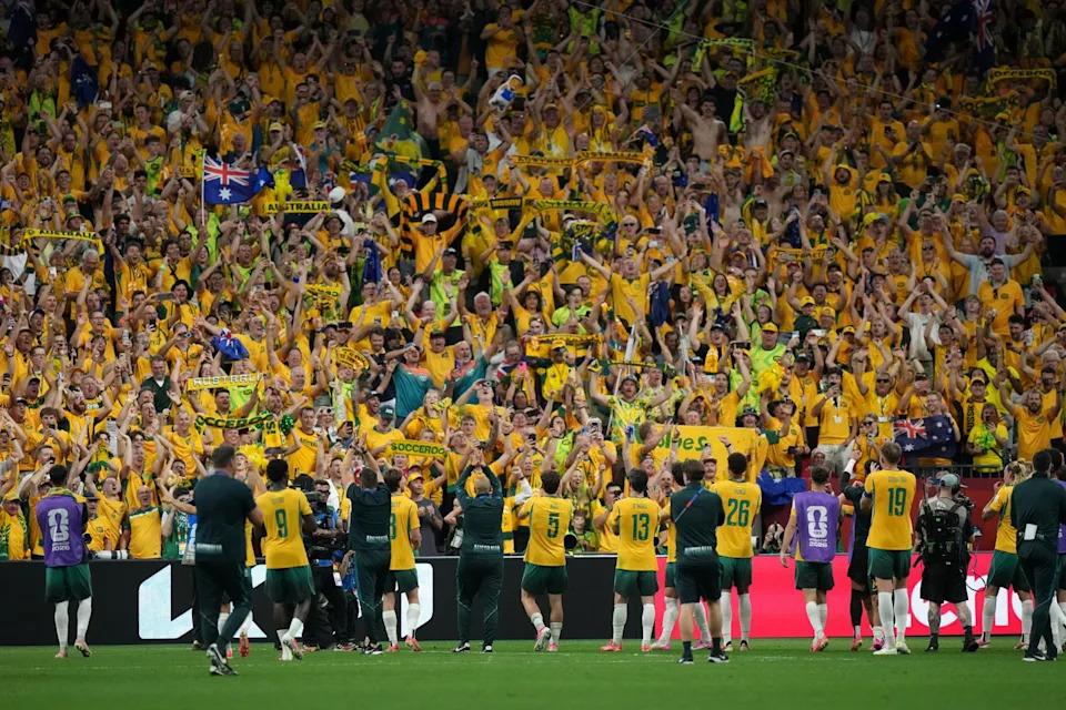 Australia players salute the crowd following the team's 2-0 victory over Turkey in group D World Cup soccer action, in Vancouver, Saturday, June 13, 2026. THE CANADIAN PRESS/Darryl Dyck
