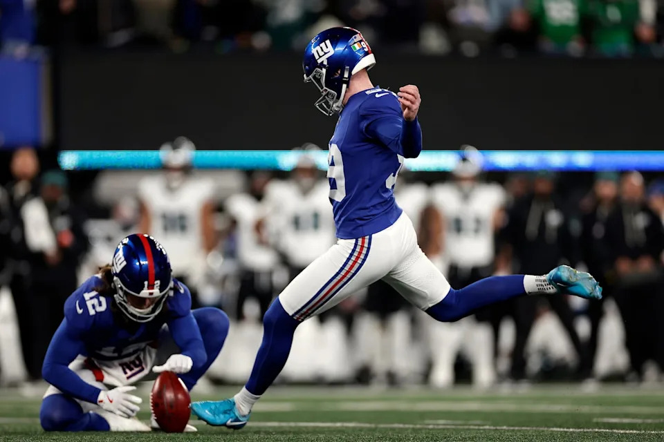Jude McAtamney kicks for the New York Giants during the second half of an NFL football game against the Philadelphia Eagles on Oct. 9, 2025, in East Rutherford, N.J.