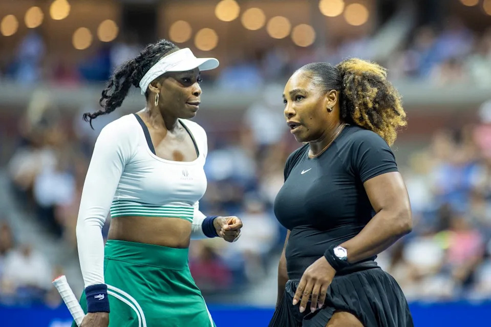 NEW YORK, USA, September 01: Serena Williams and Venus Williams of the United States during their Women’s Doubles match on Arthur Ashe Stadium against Lucie Hradecka and Linda Noskova of the Czech Republic during the US Open Tennis Championship 2022 at the USTA National Tennis Centre on September 1st 2022 in Flushing, Queens, New York City. (Photo by Tim Clayton/Corbis via Getty Images)