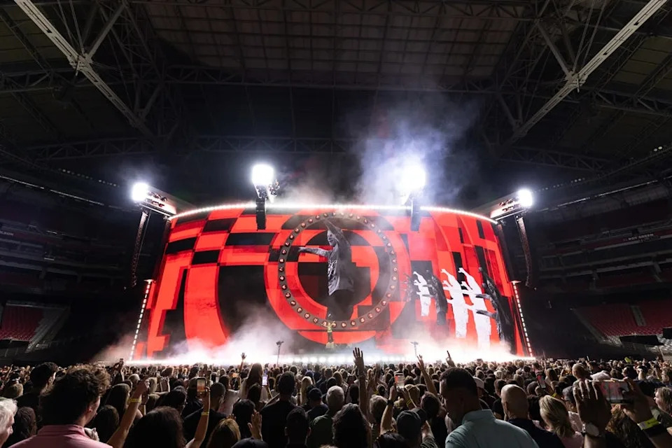 Ed Sheeran's production for his LOOP Tour features a gorgeous curved screen as well as a B-stage where he performed most of the opening night show at State Farm Stadium in Glendale, Arizona, June 13, 2026.