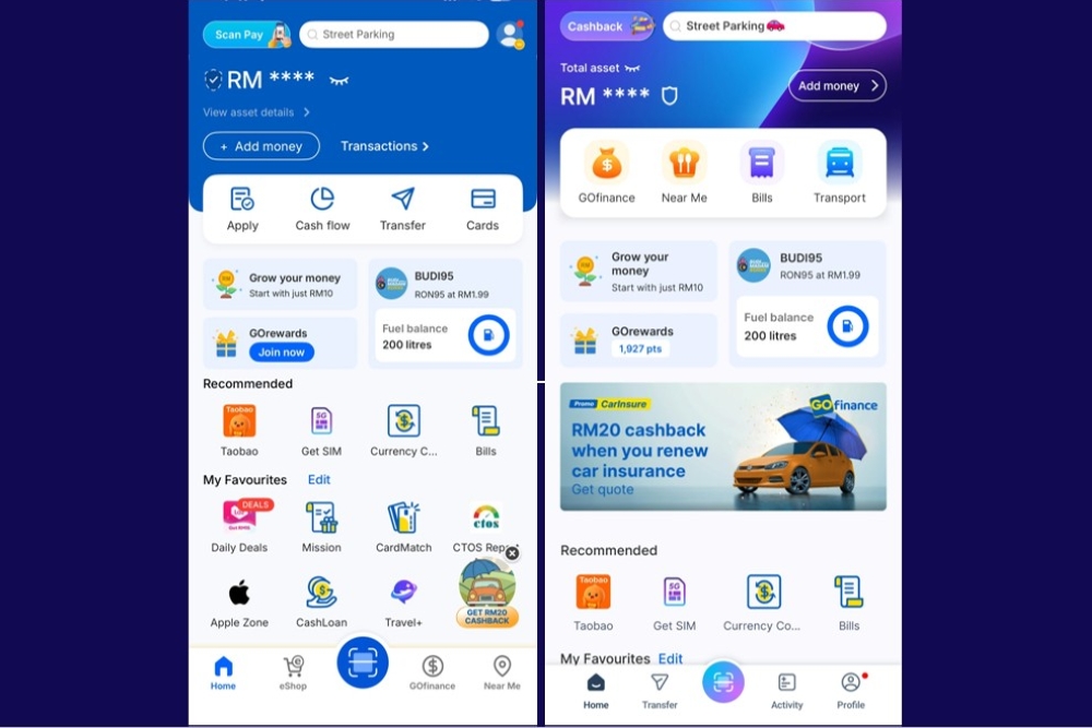A comparison of the old and new TNG eWallet homepages, showing the redesigned layout and simplified navigation. — Screengrabs via TNG eWallet app