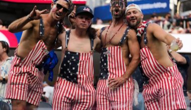 Fans of United States pose for a picture prior to the World Cup Group D soccer match between Turkey and the United States in Inglewood, Calif., near Los Angeles, Thursday, June 25, 2026.