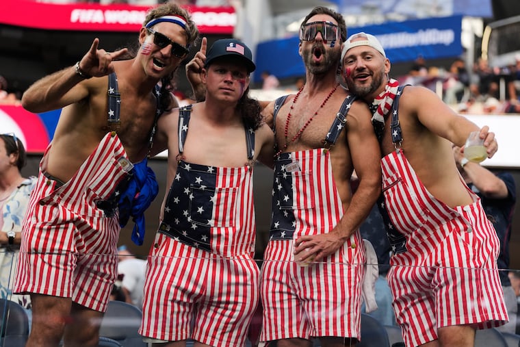 Fans of United States pose for a picture prior to the World Cup Group D soccer match between Turkey and the United States in Inglewood, Calif., near Los Angeles, Thursday, June 25, 2026.