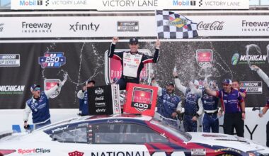 Denny Hamlin will start his three-peat bid from the pole at Pocono Raceway