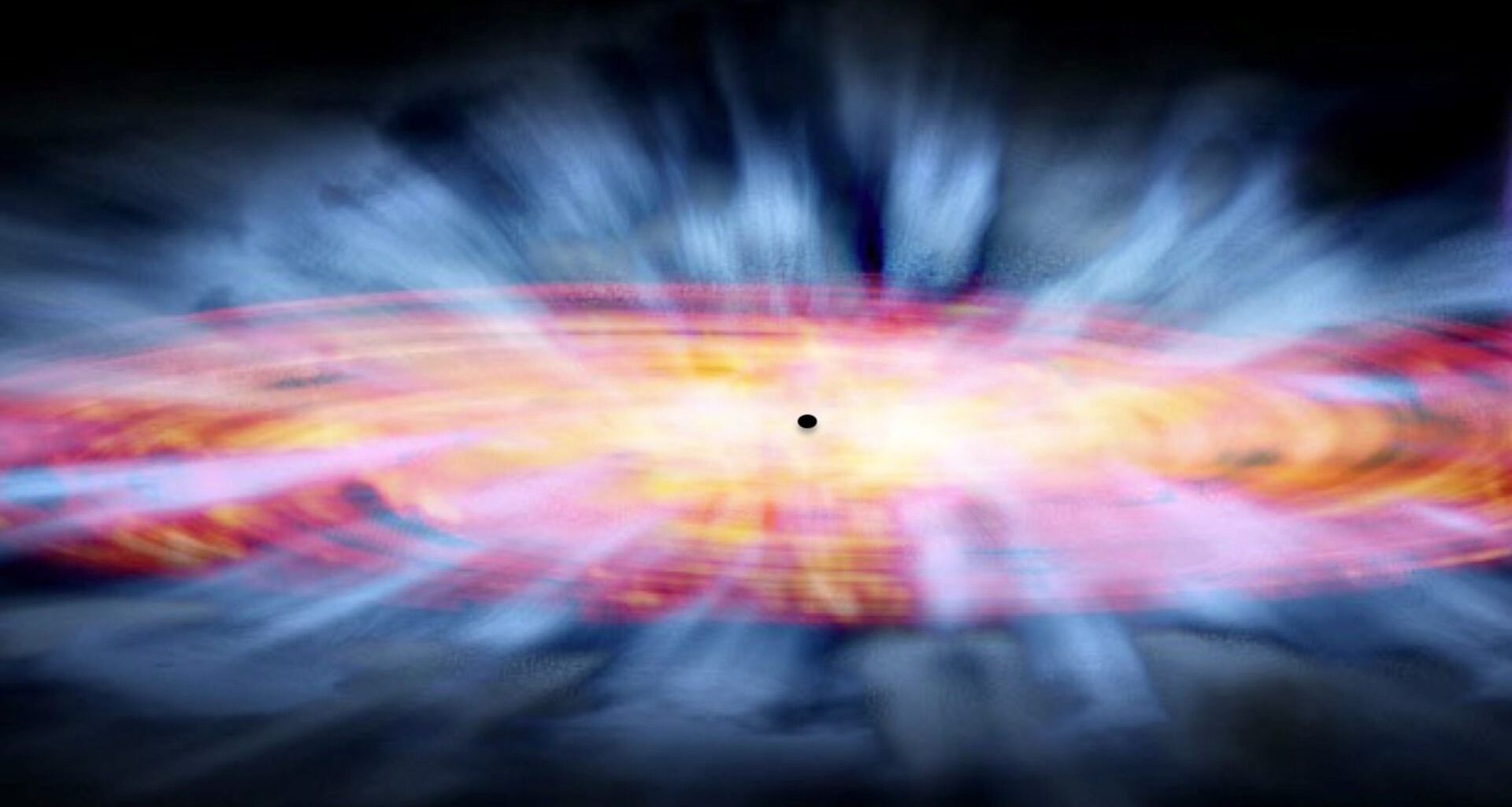 An illustration of a black circle surrounded by a pink and yellow disk and there are blue winds blowing outward.