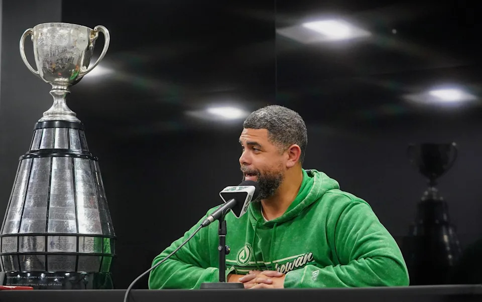 Saskatchewan Roughriders head coach Corey Mace speaks during a end-of-season media availability in Regina, Wednesday, Nov. 19, 2025. THE CANADIAN PRESS/Heywood Yu