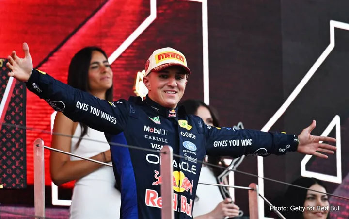 MONTE-CARLO, MONACO - JUNE 07: Third placed Isack Hadjar of France and Oracle Red Bull Racing celebrates on the podium during the F1 Grand Prix of Monaco at Circuit de Monaco on June 07, 2026 in Monte-Carlo, Monaco. (Photo by Sam Bagnall/Sutton Images)