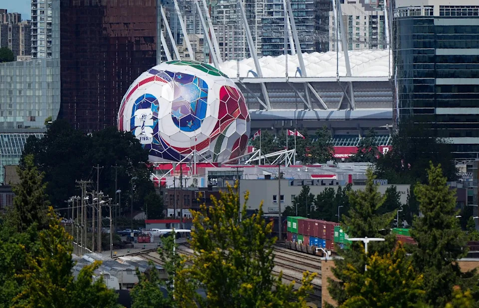 Science World, which has been transformed into a FIFA World Cup Trionda soccer ball, is seen near B.C. Place stadium, in Vancouver, on Wednesday, June 10, 2026. THE CANADIAN PRESS/Darryl Dyck