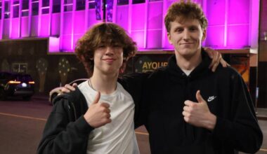 Kelton Knutsen (right) and Lachlan Smith (left) came from Langford to enjoy a Friday night out in downtown Victoria on May 23. at 1:15 a.m. (Nikhil Nikhil/Victoria News)