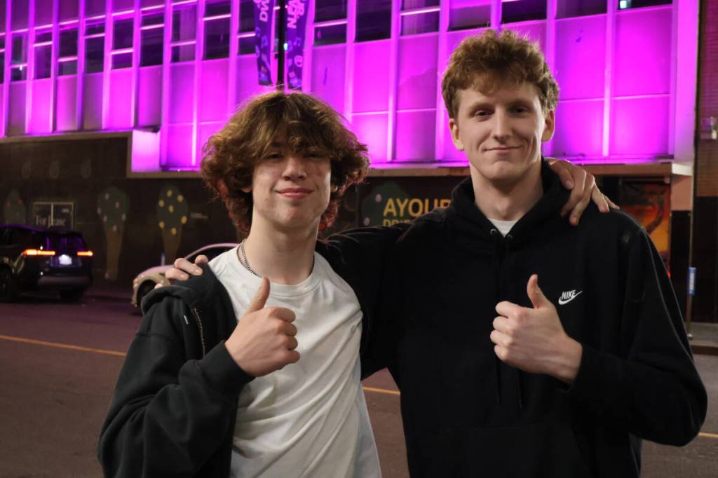 Kelton Knutsen (right) and Lachlan Smith (left) came from Langford to enjoy a Friday night out in downtown Victoria on May 23. at 1:15 a.m. (Nikhil Nikhil/Victoria News)