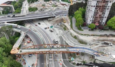 An aerial view of the Columbia Street multi-use overpass and E. Columbia exit-ramp looking west on May 6, 2026. (B.C. Ministry of Transportation)