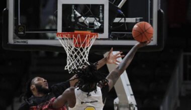 Calgary Surge centre Javonté Brown tries to block a shot from Edmonton Stingers forward Tre King during Canadian Elite Basketball League action at the Marchant Crane Centrium in Red Deer on Sunday, May 31. (Photo by Sean McIntosh/Advocate staff)