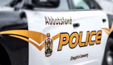 A crash on Highway 11 in Abbotsford on Monday (June 1) shortly after midnight left three people with injuries, including one person with life-threatening injuries. (Photo by Dale Klippenstein)