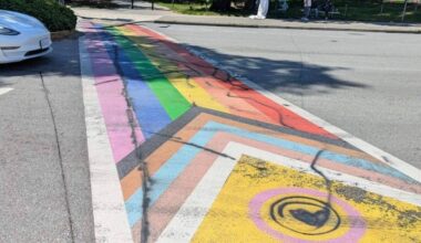 Vandalized rainbow crosswalk near Holland Park in Surrey at Old Yale Road and University Drive. (Contributed to Surrey Now-Leader)
