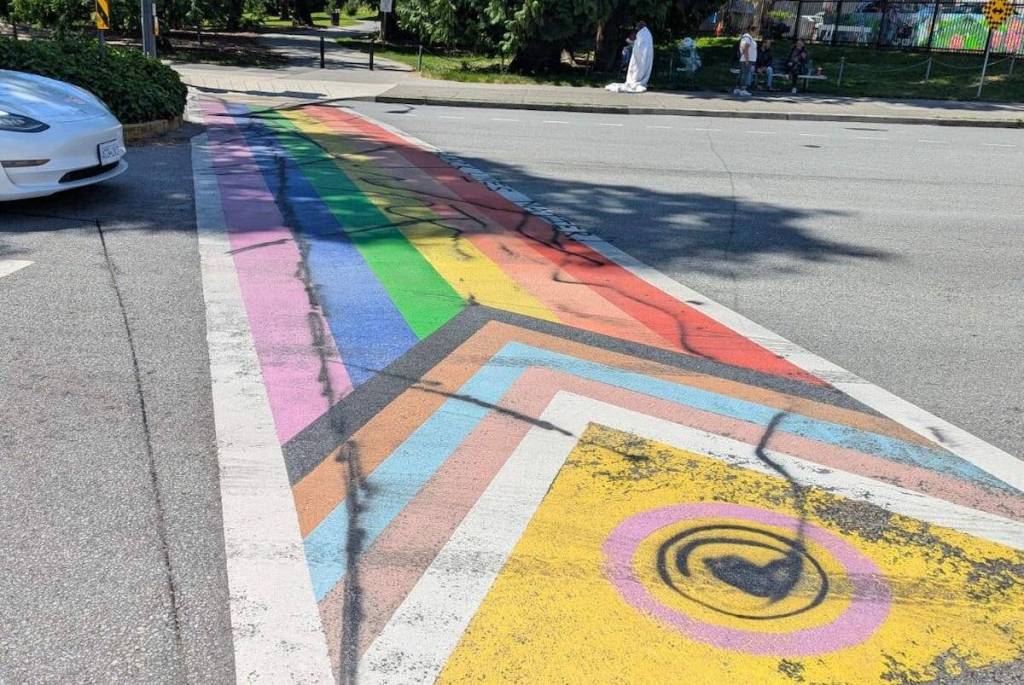 Vandalized rainbow crosswalk near Holland Park in Surrey at Old Yale Road and University Drive. (Contributed to Surrey Now-Leader)