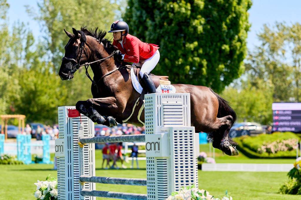 Langley’s own Tiffany Foster on Battlecry was the lead-off rider for the Canadian team during the CSIO4* Nations Cup at Thunderbird Show Park. (Rob Wilton/RJMediaCanada)