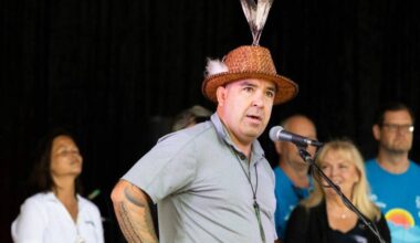 Semiahmoo First Nation Chief Harley Chappell welcomes people to the White Rock Sea Festival & Semiahmoo Days in 2023. He has just resigned as Surrey police board chair. (Anna Burns photo)