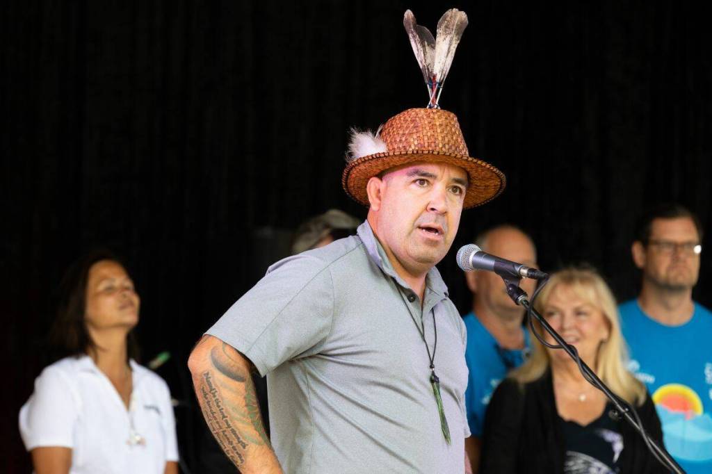Semiahmoo First Nation Chief Harley Chappell welcomes people to the White Rock Sea Festival & Semiahmoo Days in 2023. He has just resigned as Surrey police board chair. (Anna Burns photo)