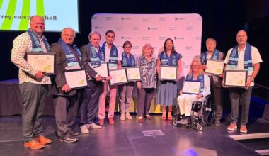 Mayor Brenda Locke, middle, with Surrey Sports Hall of Fame inductees and representatives following a ceremony at Surrey City Hall on Tuesday, June 2, 2026. (Tom Zillich/Surrey Now-Leader)