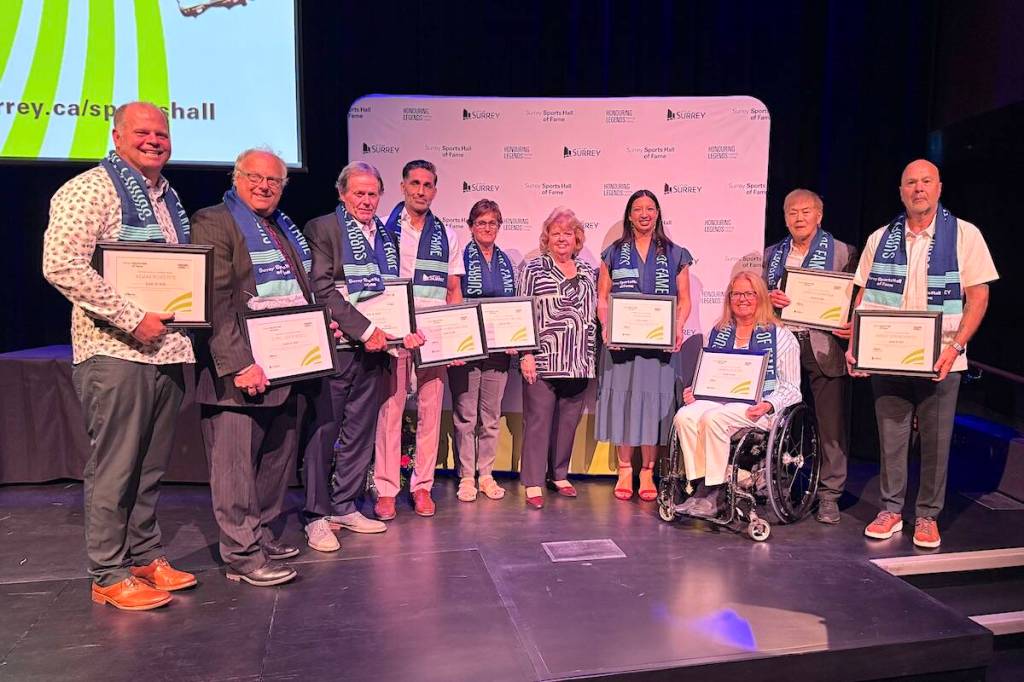 Mayor Brenda Locke, middle, with Surrey Sports Hall of Fame inductees and representatives following a ceremony at Surrey City Hall on Tuesday, June 2, 2026. (Tom Zillich/Surrey Now-Leader)