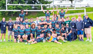 The Lord Tweedsmuir senior boys rugby team celebrate with a photo under the posts after winning the Tier II provincial championship May 30 in Abbotsford. The squad dominated their competition as they rattled off three-straight wins to capture the provincial title. (Submitted to Cloverdale Reporter/Walter van Halst)