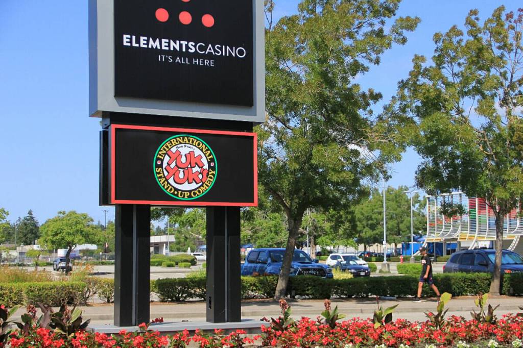The sign for Yuk Yuk&rsquo;s Surrey is seen outside Elements Casino in Cloverdale. July will feature special post-Canada Day shows at the comedy club. (Photo: Malin Jordan /Cloverdale Reporter)