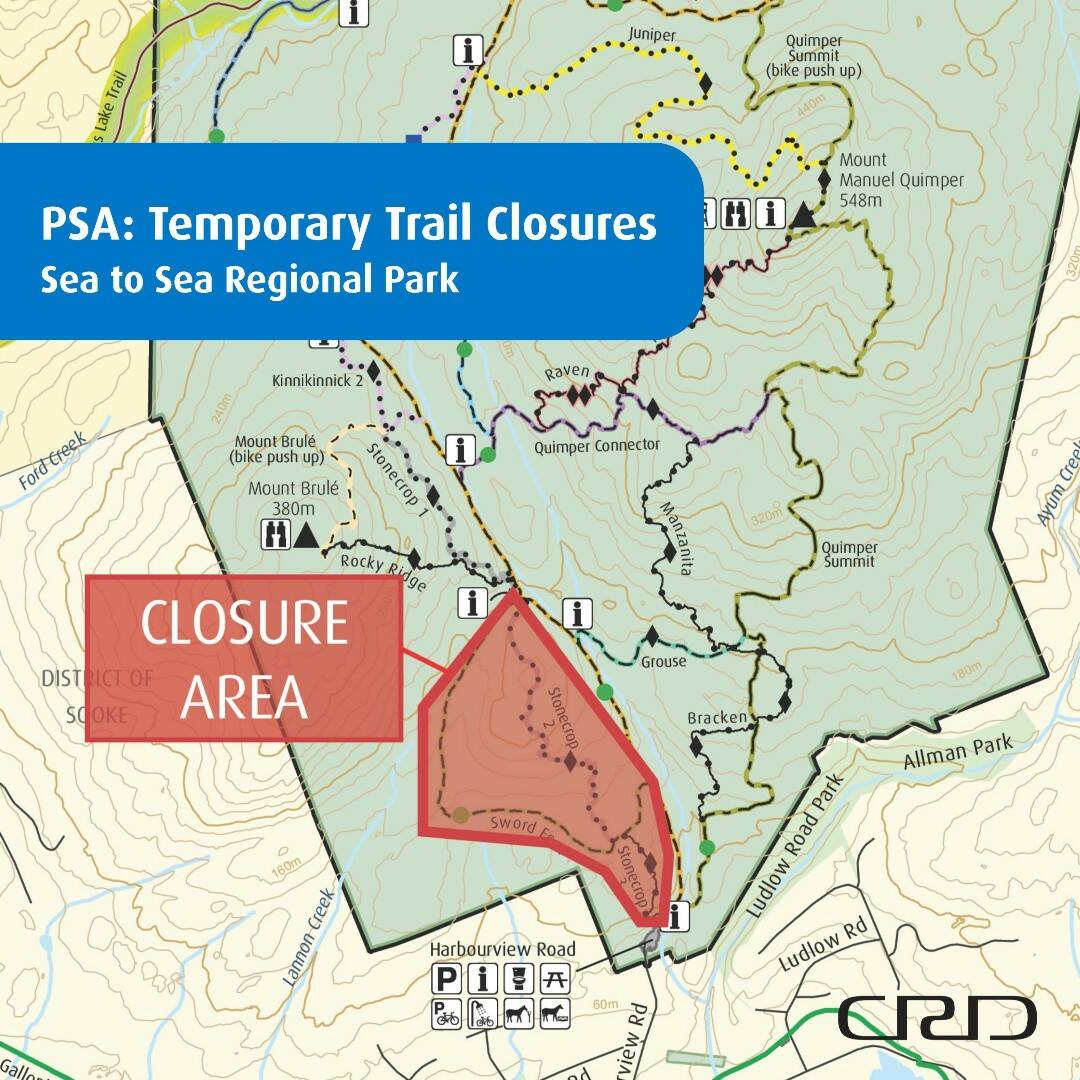 Three trails in a small area of Sea to Sea Regional Park are closed due to bear activity after consultation with the BC Conservation Officer Service. (CRD map)