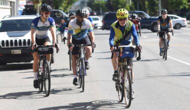Gary Baker of Chilliwack (yellow helmet) heads down Young Road with his grandson Ben Baker (left) and son Mike Baker (second from left) during the Flèche Pacifique randonneuring ride on May 22, 2026. The three-generation team is hoping to make it into the Guinness World Records. (Jenna Hauck/ Chilliwack Progress)