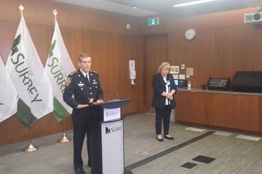Surrey Chief Constable Norm Lipinski and Mayor Brenda Locke on September 15, 2025 announced a $250,000 reward fund hoping it will help land convictions related to extortions of South Asian businesses in Surrey. (Tom Zytaruk/Surrey Now-Leader)