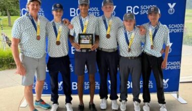 The Claremont Spartans golf team poses with their bronze medals after finishing third at the 3A B.C. High School Golf Championships in Langley. The Saanich school posted a two-day score of 607 to earn its third provincial medal since 2019. (Photo courtesy of Claremont Golf Team/Instagram)