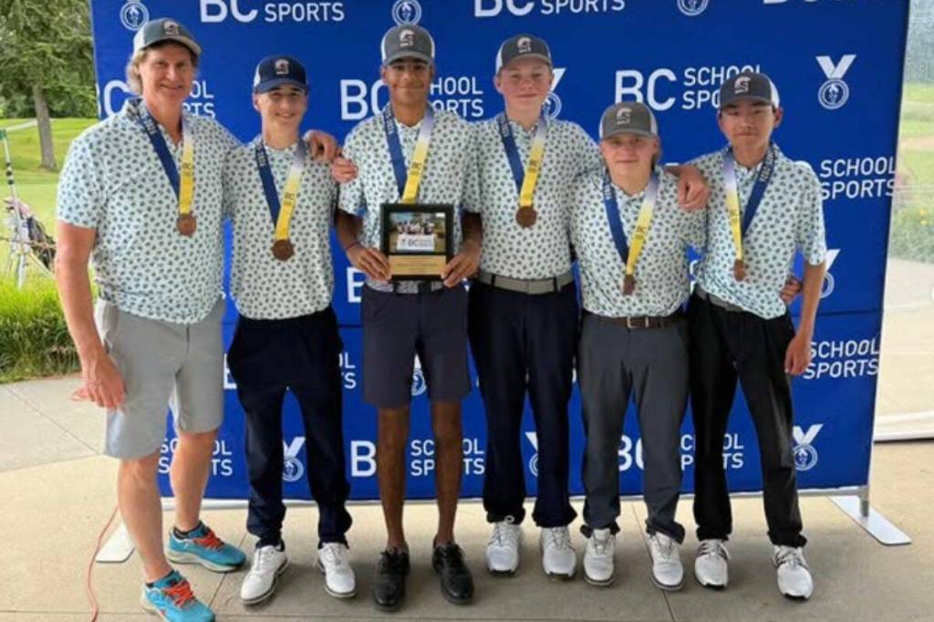 The Claremont Spartans golf team poses with their bronze medals after finishing third at the 3A B.C. High School Golf Championships in Langley. The Saanich school posted a two-day score of 607 to earn its third provincial medal since 2019. (Photo courtesy of Claremont Golf Team/Instagram)