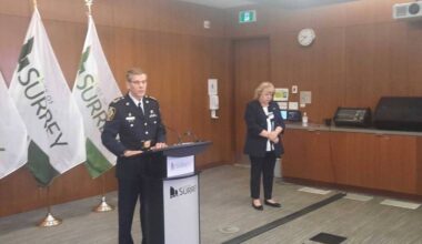 Surrey Chief Constable Norm Lipinski and Mayor Brenda Locke on September 15, 2025 announced a $250,000 reward fund hoping it will help land convictions related to extortions of South Asian businesses in Surrey. (Tom Zytaruk/Surrey Now-Leader)