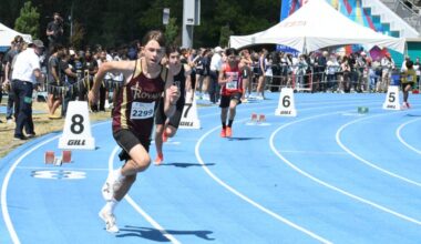 Grade 8 Saint John Paul II Academy student Lorenzo Ponce de Leon runs in the 400m track and field event at provincials in Langley last week. (Heather Coldpitts/Langley Advance Times)