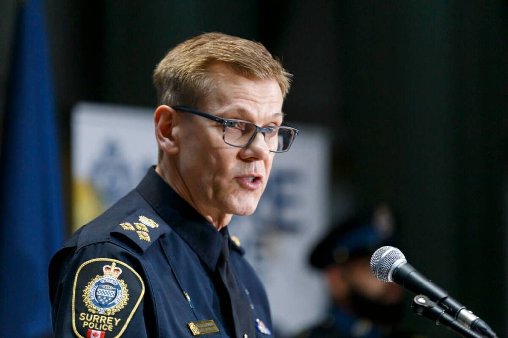 Then Surrey Police Service Chief Const. Norm Lipinski speaks at a press conference on Nov. 29, 2024, the day the SPS officially became the city&rsquo;s police of jurisdiction. (Anna Burns/Surrey Now-Leader files)