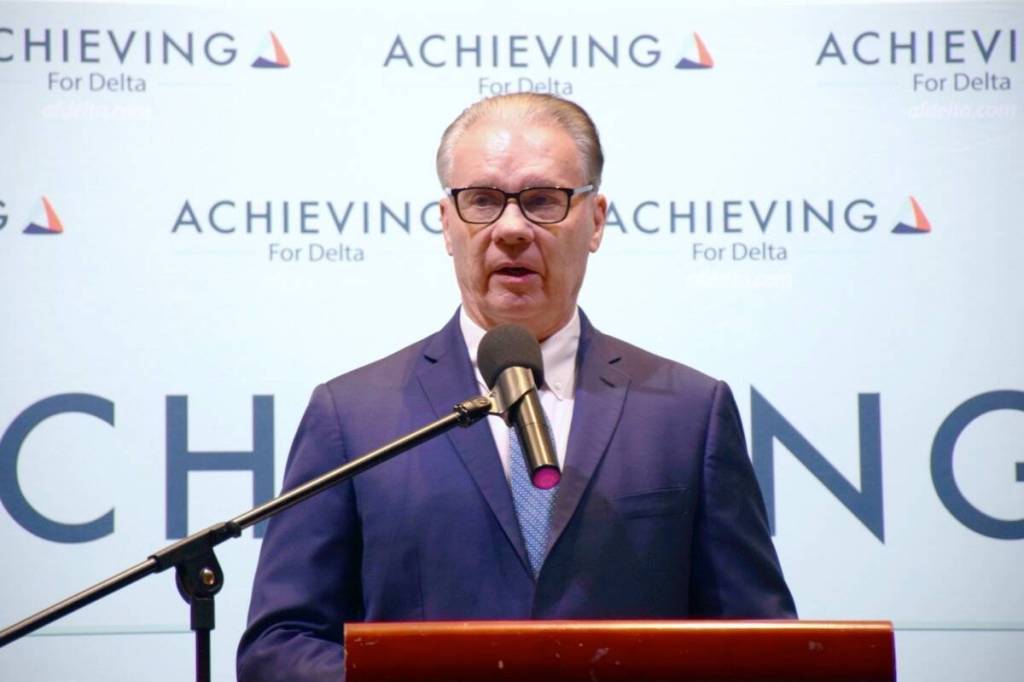 Mayor George Harvie addresses supporters during a &ldquo;North Delta-focused&rdquo; campaign event at Taj Park Convention Centre in Surrey on Sunday, June 7. (James Smith/North Delta Reporter photo)