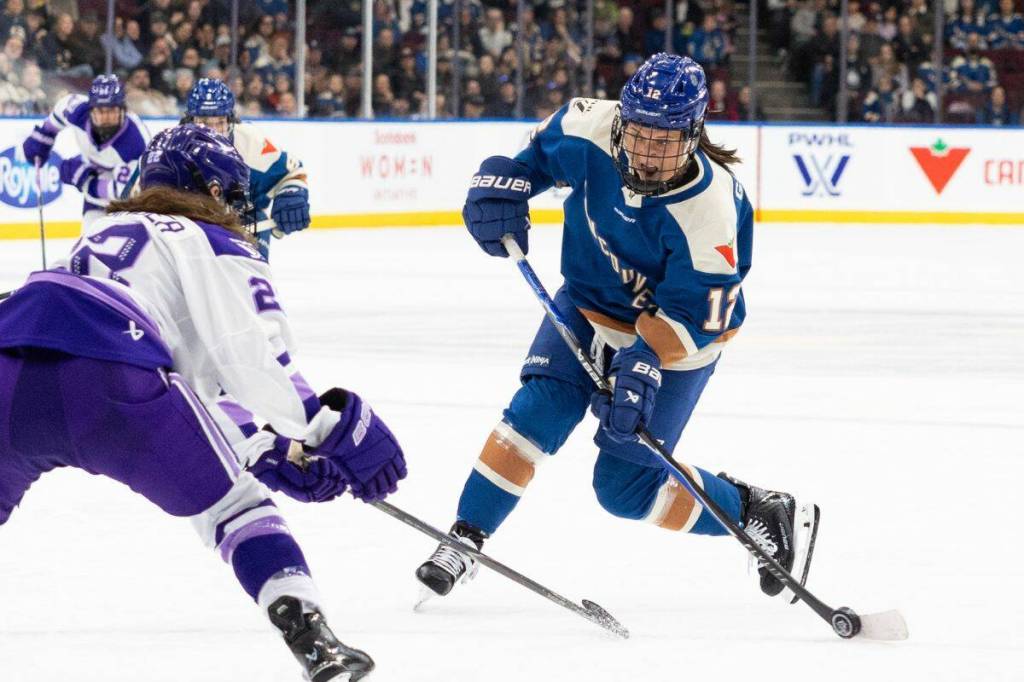 Jenn Gardiner during the Vancouver Goldeneyes bs Minnesota Frost game on Saturday, March 21, 2026, in Vancouver. The Goldeneyes lost 3-1. (Anna Burns/ Surrey Now-Leader file.)