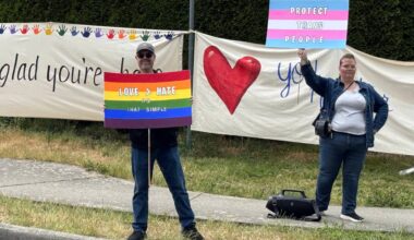 Parents and supporters organized a rally outside L.A. Matheson Secondary School on Tuesday afternoon (June 9) to show support for the 2SLGBTQ+ community after vandals defaced a rainbow crosswalk. (Grace McLeod/Peace Arch News)