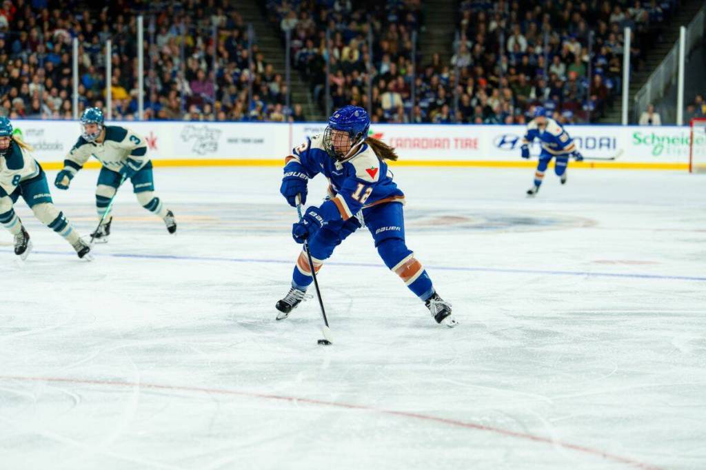Jenn Gardiner (12) during the Vancouver Goldeneyes inaugural home opener at the Pacific Coliseum in Vancouver on Nov. 21, 2025, against the Seattle Torrent. (PWHL)
